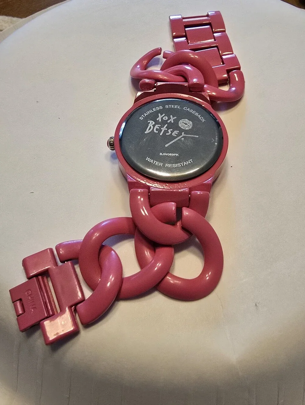 Betsey Johnson Watch Curb Chain Wristwatch Quartz Movement Pink Strap Works